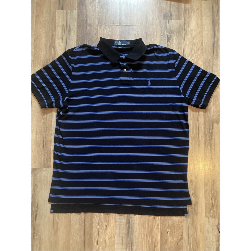 Vintage Polo Ralph Lauren Shirt Mens XL Black Blue Stripes Preppy Retro Cotton